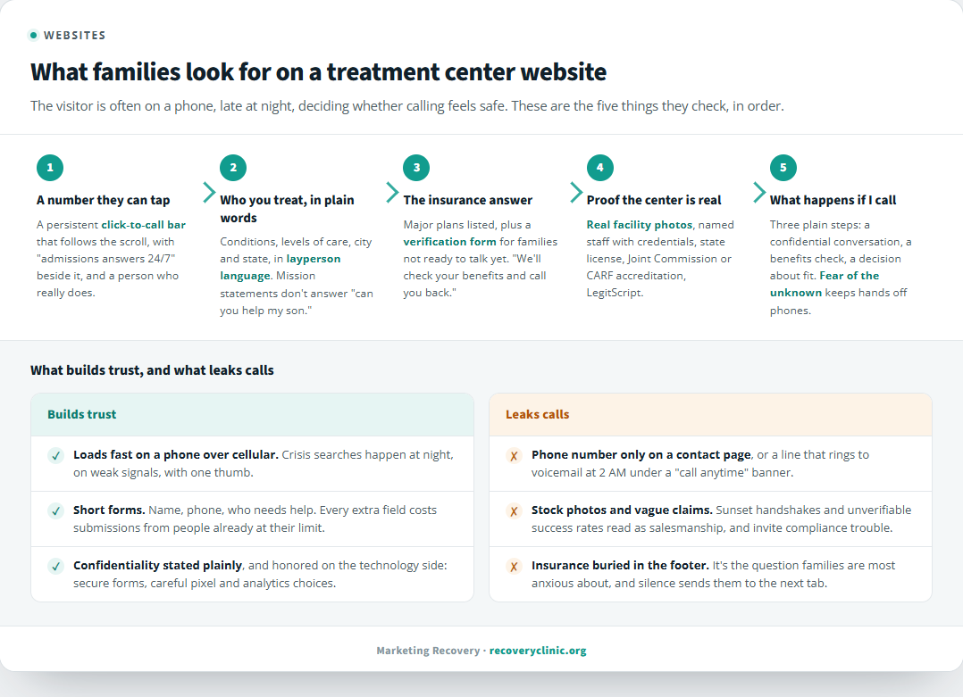Anatomy of a treatment center website that converts visits into calls: persistent click-to-call header, clear statement of who you treat, insurance verification, proof of legitimacy, and a short mobile-first admissions form