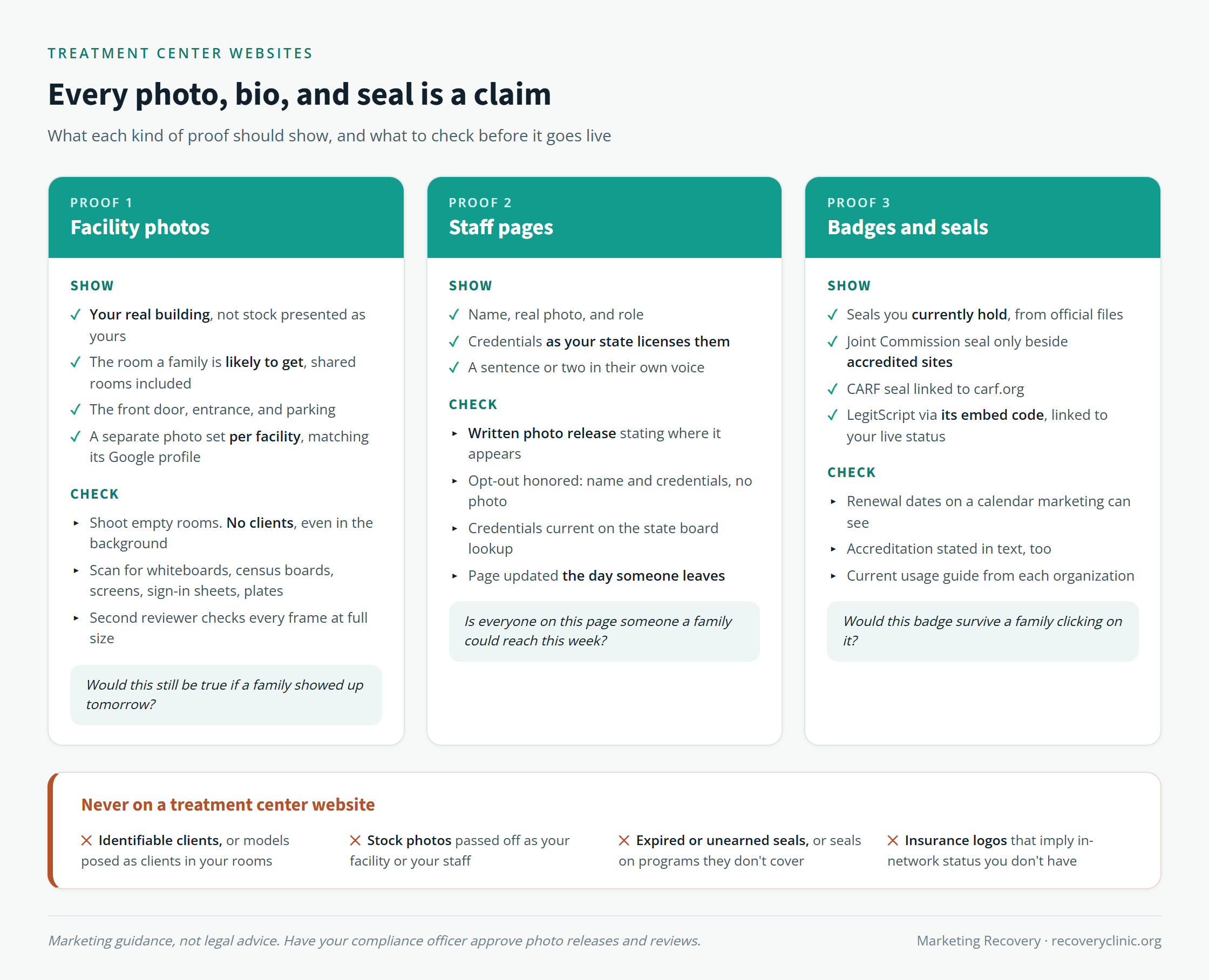 Treatment center website photos checklist: real facility photos, staff pages, and accreditation badges, with what each should show and what to check before publishing, plus what never belongs on a treatment center website